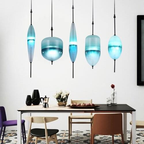 Nordic Modern Teardrop Shaped Blue Glass Pendant Light LED Art Deco Simple White Hanging Lamp for Living Room Restaurant Kitchen