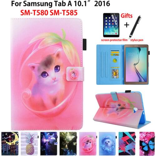SM-T580 Tablet Case For Samsung Galaxy Tab A A6 10.1" 2016 T580 T585 T587 Smart Cover Funda cartoon PU Leather Coque +Film+Pen