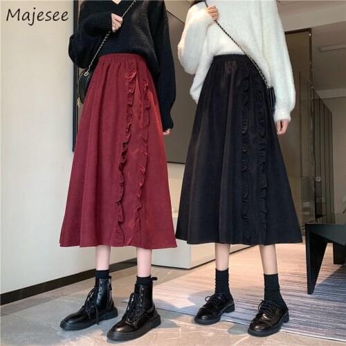 Skirts Women Elegant Vintage Corduroy Spring Autumn All-match Edible Tree Fungus Preppy Japanese Style Mid-calf Elastic Waist