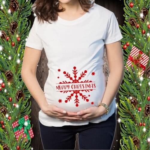 Pregnant Funny T-shirt Pregnancy Merry Christmas Snow Graphic Printed Short Sleeve Tee Pregnant Women Maternity Clothes