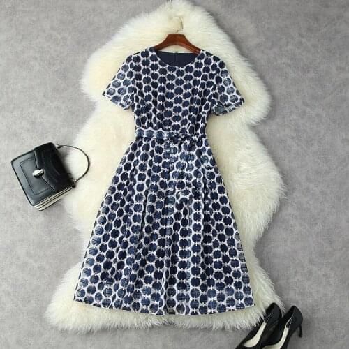 European and American womens wear for summer 2021 Short sleeve hollow polka dot printing Fashionable Belt Dress