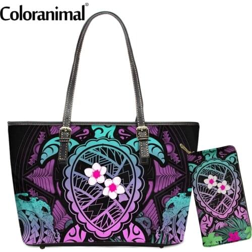 Coloranimal Hot Selling Women Tote Handbag Set Hawaii Turtle Polynesian Plumeria Printed Ladies Shoulder Bag PU Leather Bolsa