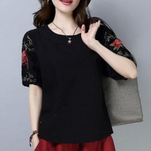 2021 Women Fashion Short Sleeve Round Neck Floral Embroidery Loose T Shirt Casuam Summer Tops Camiseta Mujer