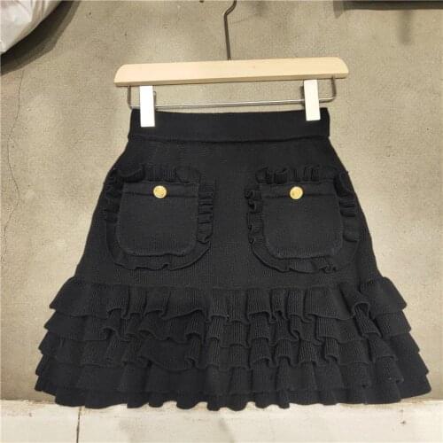 Women Designer All-Match Pleated Skirts with Pocket 2021 Spring Summer Knitted Mini Skirt Pop Elegant Bodycon Solid Skirt Female