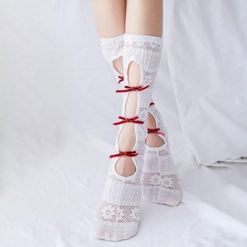 Lolita Lace Women Socks Long Bowknot Socks Woman Hollow Thin Jk Socks Female Dress Calcetines Medias