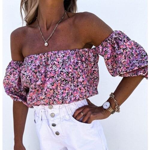 Women Tops Off Shoulder Floral Print Blackless Slash Neck Boho Casual Chic Tops Summer