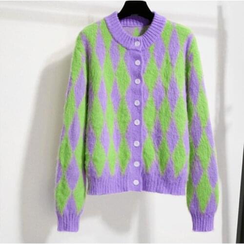 Women Mink Cashmere Contrast Color Diamonds Sweater Coat Fall Winter Slim Checked Mohair Knitted Cardigan Loose Plaids Crop Tops