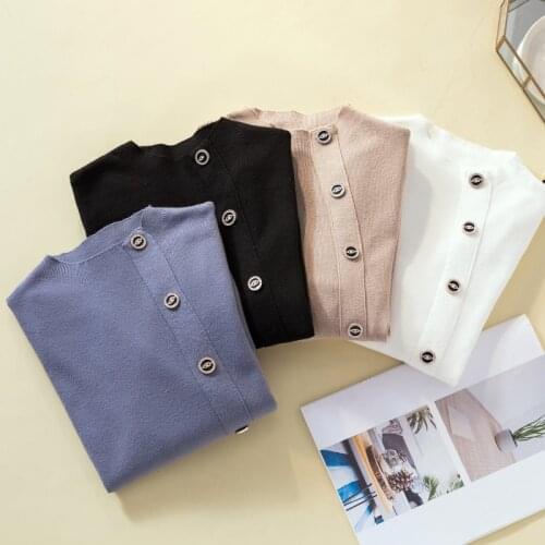 Turtleneck 2020 Women Autumn Knitted Sweater Solid Knitted Female Cotton Soft Elastic Color Pullovers Button Full Sleeve