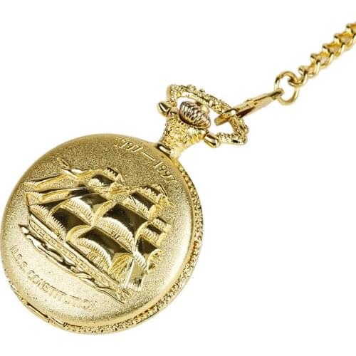 50pcs/lot Gold Sailboat Quartz Pocket Watch Men Women Watches With Chain Fob Watches Wholesale