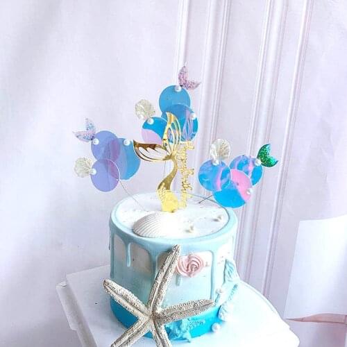 Mermaid Tail Acrylic Happy Birthday Cupcake Toppers Blue Birthday Cake Topper for Girls Birthday Party Cake Decorations Supplies