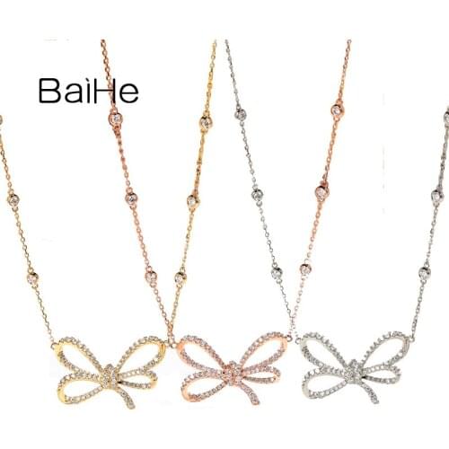 BAIHE Genuine Solid 18K Yellow/Rose Gold 0.60ct H/SI Natural Diamonds Necklaces Women bowknot Trendy Anniversary Fine Jewelry