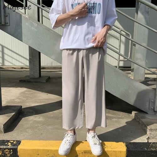 Men Casual Pants Loose Straight Wide Leg Summer Thin Silk Satin Ankle Length Trousers Elastic Waist All-match Simple Fashion New