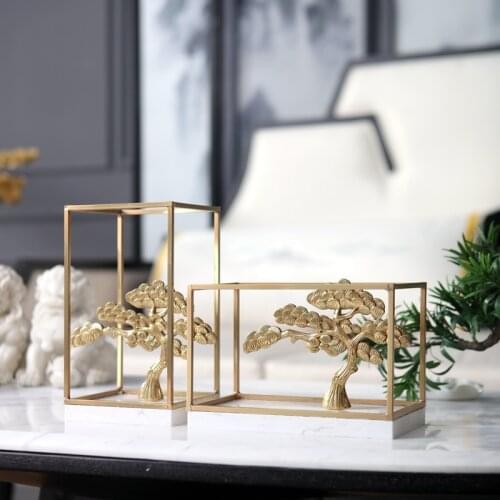 New Chinese Style Pine Tree Plant Copper Decoration Statue With White Marble For Home Room Table Furnishings Designer Soft Decor