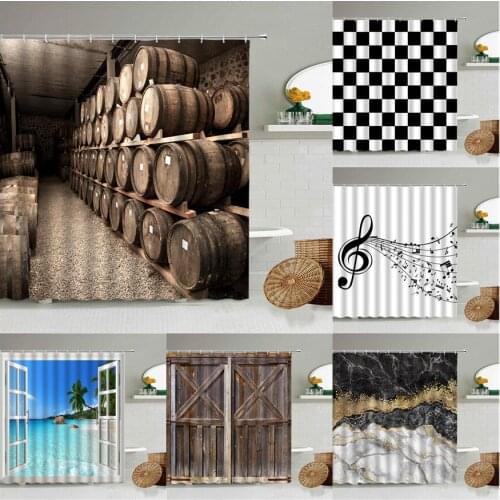 Wooden Wine Cellar Oak Barrel Printed Shower Curtain Grape Wine Bathroom Accessories With Hook Waterproof Cloth Screen Washable