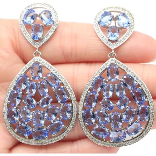 46x23mm Anniversary Long 9.5g Jewelry Set Created Green Peridot London Blue Topaz CZ Women Daily Wear Silver Pendant Earrings