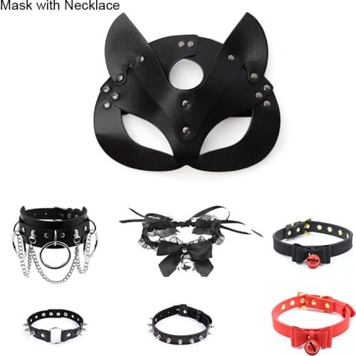 Leather Mask Cosplay for Women Sexy Toy Cosplay Cat BDSM Fetish Halloween Masquerade Masks with Sexy Necklace Erotic Accessories