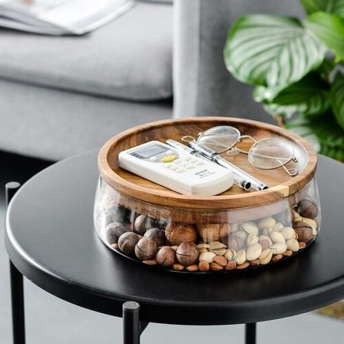 Creative Glass Nuts And Dry Fruits Storage Box Container Double Layer Candy Storage Box With Wooden Lid For Home Kitchen Supply