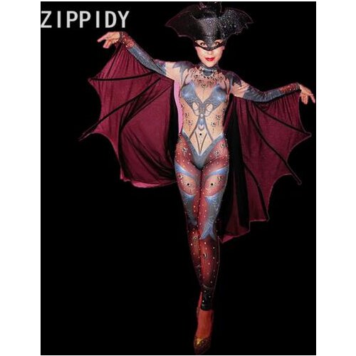 New design Bat Rhinestones Printed Stretch Jumpsuit Evening Prom Party Bodysuit Women Singer Dancer Nightclub Outfit