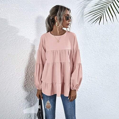 Autumn O-neck Lantern Sleeve Cake Ruffles T-shirt Top Women Solid Casual Loose Korean Clothes Elegant Fashion Sweet Tee Female