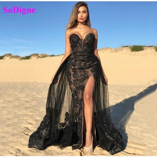 SoDigne Dubai Evening Dress With Detachable Skirt Sexy Backless Front Slit Applique Prom Gown Women arabic Formal dress