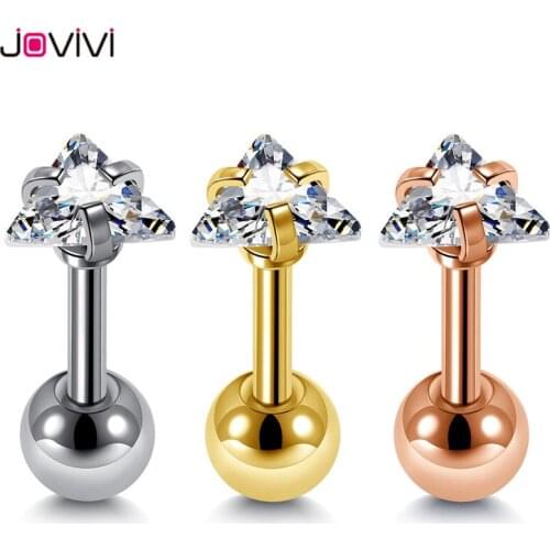 JOVIVI Stainless Steel Stud Earrings 4mm Triangle Cubic Zirconia Round Barbell Tragus Cartilage Helix Ear Stud Piercing Jewelry