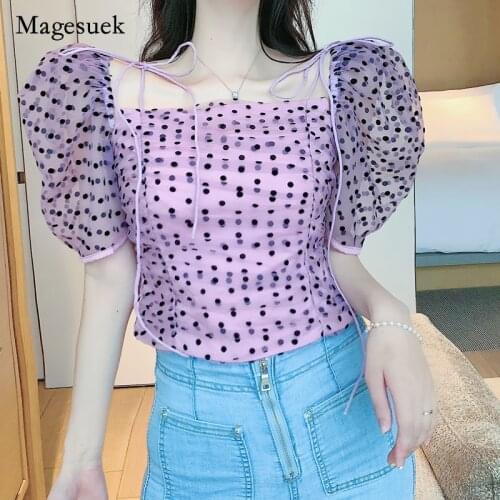 Chiffon Polka Dot Off Shoulder Strap Ruffled Blouse Sexy Bubble Sleeve Short Sleeve Shirt Korean Women Summer Tops Blusa 14430