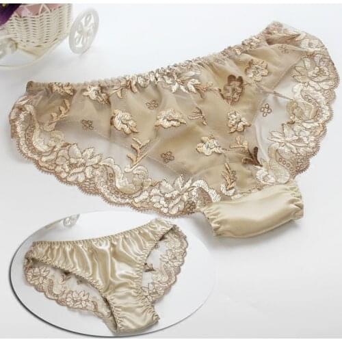 Pure Silk Panties Women 100% Mulberry Silk Sexy Back Lace Low-waist Briefs M/L/XL FREE SHIPPING