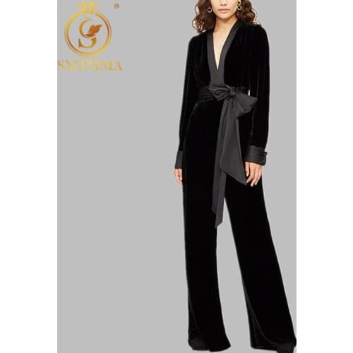 Party Jumpsuits for Women 2019 Sexy V Neck Long Sleeve Black Gold Velvet Jumpsuit Bandage Wide Leg Long Trousers Female Overalls