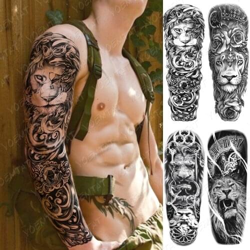 Waterproof Temporary Full Arm Tattoo Sticker Lion Clock Rose Flower Flash Tattoos Male Tribal Body Art Fake Sleeve Tatto Female