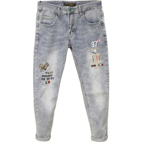 Embroidered jeans mens European goods brand summer thin spiritual social guy light-colored small feet ankle length pants