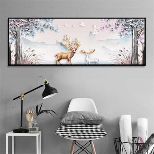 YongHe Nordic Home Decorative Oil painting Europe Elks Customizable Long Banner Poster Wall Pictures For Decorate Living Room