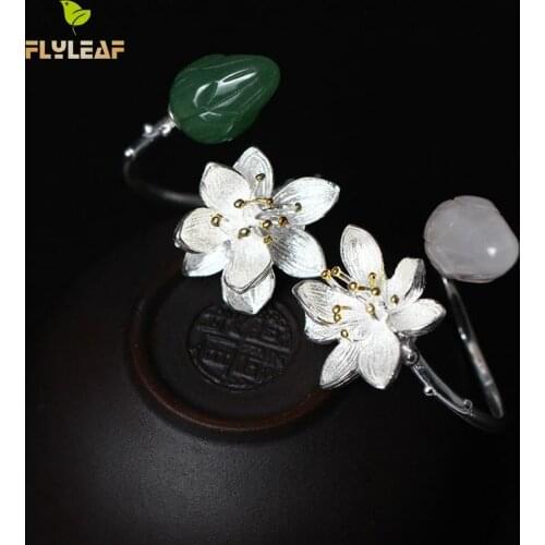 925 Sterling Silver Natural jade Lotus Flower Open Rings For Women Nation Style Lady fine Jewelry flyleaf