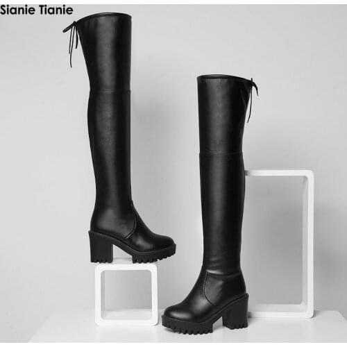 Sianie Tianie thick block high heels platform woman boots PU flock black color over the knee high boots lady overknee boots bota