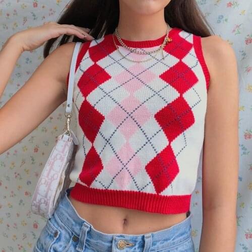 Sweet Argyle Plaid Sweater Vest Women Cute Knitted Crop Top Tee Y2K Preppy Style Knitwear Jumpers 2020 Autumn Winter Rapwriter