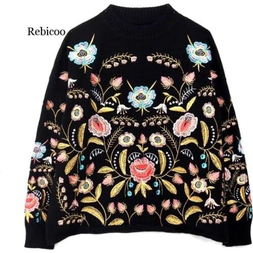 Round Collar Flowers Embroidery Top Loose Korean Spring Autumn Long Sleeve Womans New Fashion Sweater