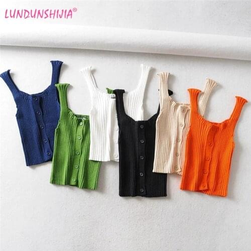 LUNDUNSHIJIA 2020 New Spring Candy Colors Knitting Vest Women Sleeveless Feminino Vests Fashion Single-breasted Slim Tank Tops