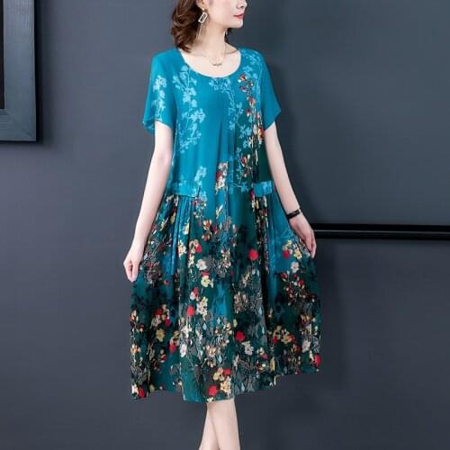 2021 Blue Floral Chiffon Vintage Midi Dresses Elegant Female 4XL Plus Size Print Sundress Summer Party Bodycon Runway Vestidos