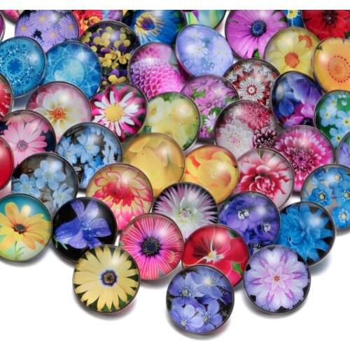 50pcs/lot Mixed Colorful Flower Pattern & Styles Glass Charms 18mm Snap Button For DIY Bracelet Snaps Jewelry KZHM024