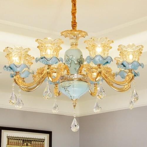 European Chandelier Villa Living Room Atmospheric Gold Crystal Chandeliers Bedroom Dining Room Ceramic Lamps Modern Simple Lamps