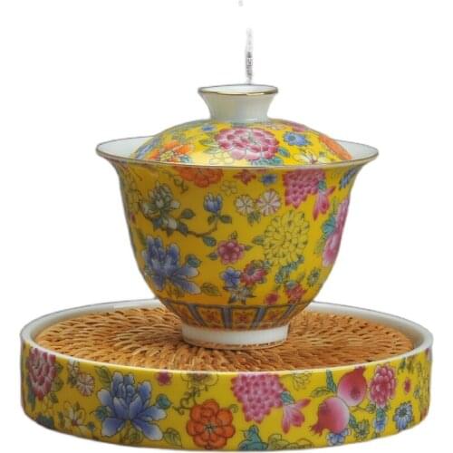 Porcelain enamel large cover bowl white porcelain overglaze color tea set tea bowl color painting palace style tea cup household