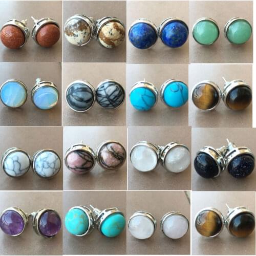 Howlite Crystal Lapis Lazuli Tiger Eye Rhodorite Jaspe Aventurine Opal Goldstone Blue Sand Round Beads Stud Earrings WFH799