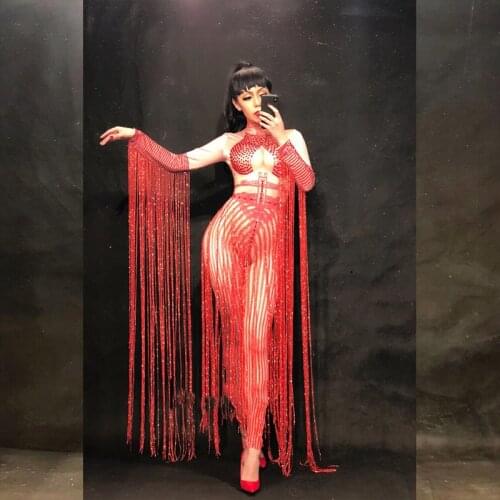 Glisten Crystals Red Jumpsuit Sexy Long Tassel Women Outfit Nightclub Female Singer Costume Stage Dance DS Performance Clothing