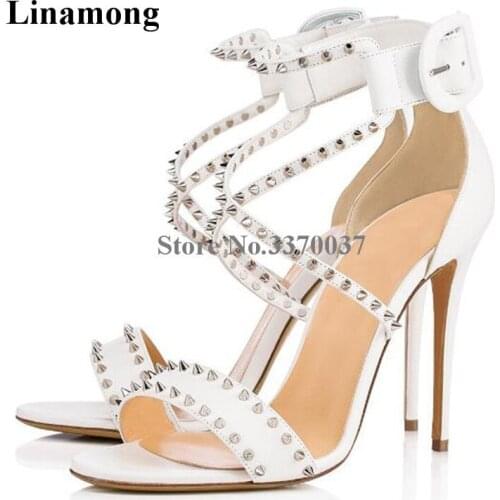 Linamong Brand Style One Strap Rivet Thin Heel Gladiator Sandals Strap Cross Ankle Buckle White High Heel Sandals Dress Shoes