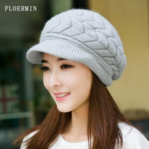 2019 New Fashion Women Winter Autumn Rabbit Fur Cap Warm Beanies Fleece Inside Knitted Hats For Woman Knit beret Cap Ladies Gift