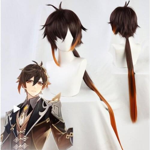 Game Genshin Impact Cosplay ZhongLi Cosplay Wigs ZhongLi Brown Orange Long Wig Hair Halloween Party Cospaly Prop For Women CS501
