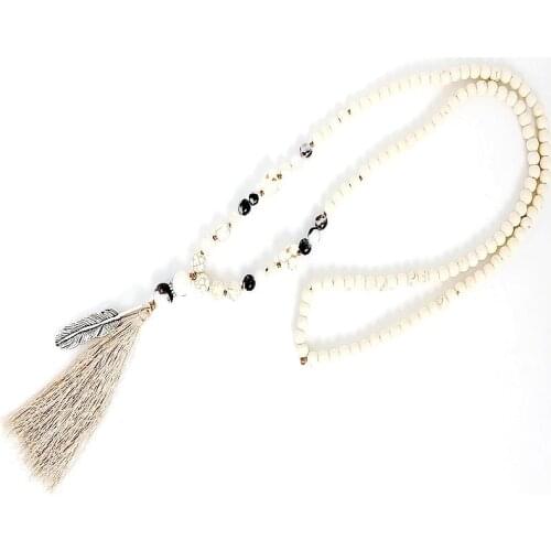 White stone turquois beads handmade tassel pendant long necklace boho style knotted necklace women jewelry