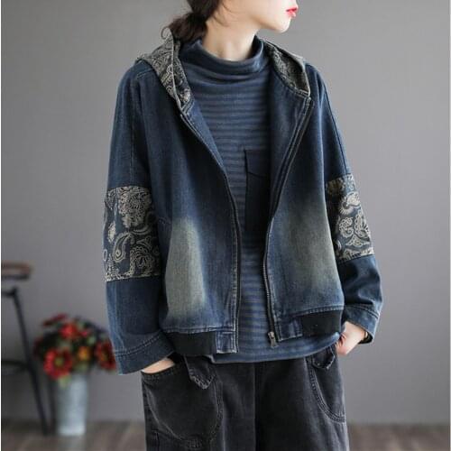 Vintage Stitching Print Denim Jacket Women Hooded Short Spring Autumn Loose Long-Sleeve Zipper Oversize Clothes Female Outwear