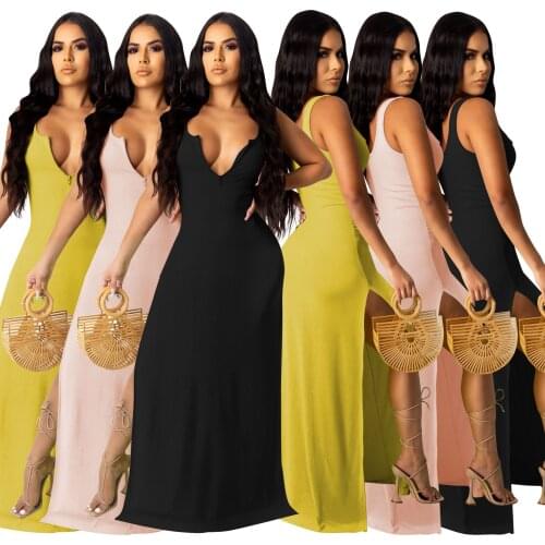 Casual Women Long Dress Split Out Solid Color Streetwear V-neck Sleeveless Party Night Dresses Vestidos