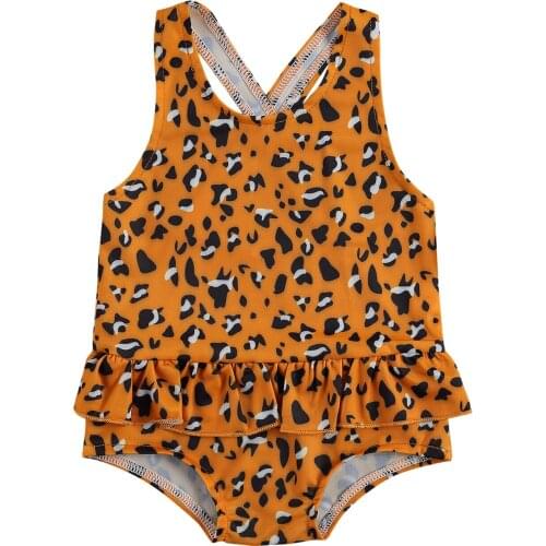 Pudcoco Newborn Baby Girl Clothes Leopard/Stripe Print U-shaped Neck Cross Strap Ruffle Swimwear One-piece Swimsuit Summer