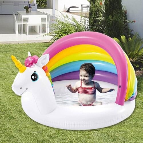Unicorn Rainbow Inflatable Circle Kids Safety Float Pool Swimming Ring with Sunshade Floating Seat Summer Beach Party Pool Toys